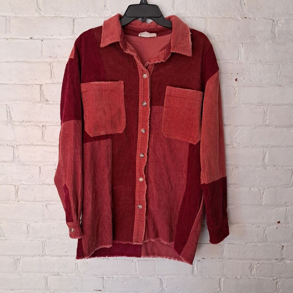 Oli & Hali Patchwork Corduroy Shacket red burgundy Sz M Jacket Distressed Fall